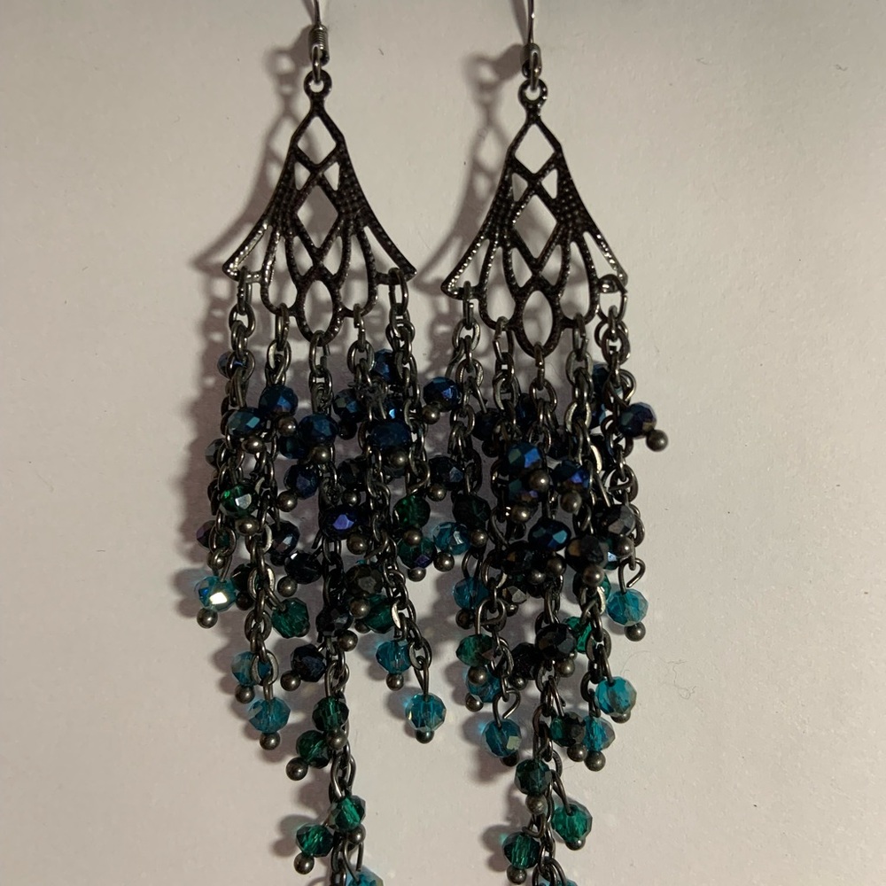 Elegant Black and Blue Chandelier Earrings